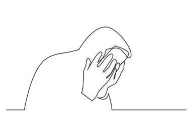 continuous line drawing vector illustration with FULLY EDITABLE STROKE of sitting person in grief