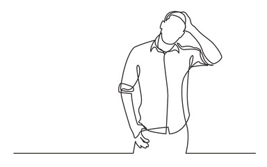 continuous line drawing vector illustration with FULLY EDITABLE STROKE of standing frustrated man in shirt