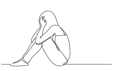 continuous line drawing vector illustration with FULLY EDITABLE STROKE of woman sitting on floor in despair