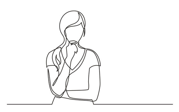 continuous line drawing vector illustration with FULLY EDITABLE STROKE of woman confused