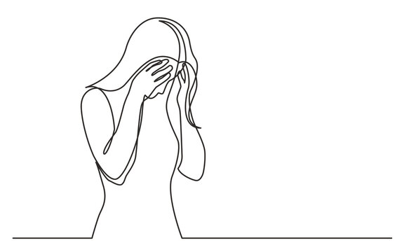 Continuous Line Drawing Vector Illustration With FULLY EDITABLE STROKE Of Woman Hiding Her Face In Despair