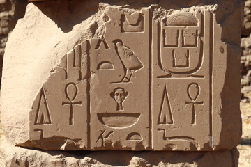 Ancient egyptian hieroglyphs carved on walls of Karnak temple in Luxor, Egypt 