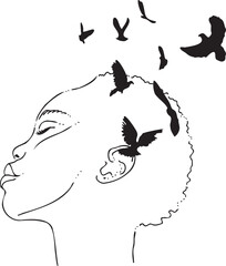 Sounds of nature. Lady profile listening to birds and nature hand-drawn in vector, and ink drawing. Concept art