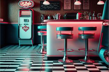 Retro diner interior with a tile floor, neon illumination, jukebox and art deco style bar stools. 3d illustration , ai generated
