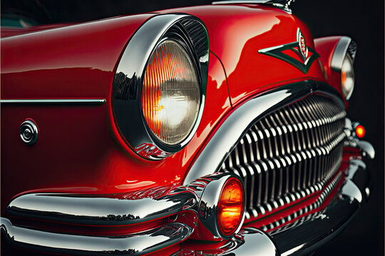 Headlight of a red retro classic car , ai generated