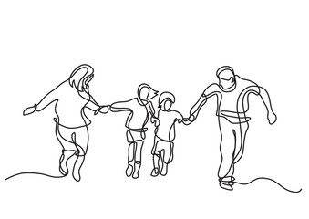 Fototapeta na wymiar continuous line drawing vector illustration with FULLY EDITABLE STROKE - happy parents children running