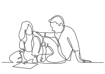 continuous line drawing vector illustration with FULLY EDITABLE STROKE - man and wonan sitting on the floor discussing plan