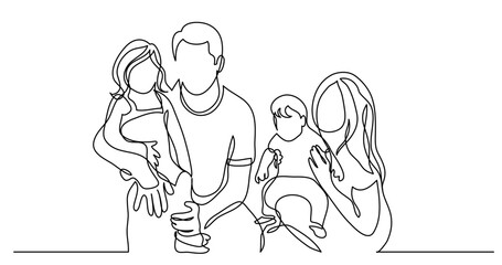 Fototapeta na wymiar continuous line drawing vector illustration with FULLY EDITABLE STROKE - of family of four holding their children