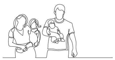 continuous line drawing vector illustration with FULLY EDITABLE STROKE - of family of four walking holding their children on hands