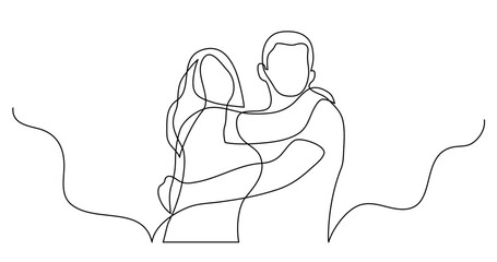 continuous line drawing vector illustration with FULLY EDITABLE STROKE - of happy couple of man and woman hugging each other