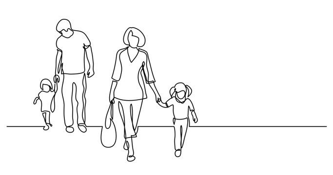 continuous line drawing vector illustration with FULLY EDITABLE STROKE - of family of four walking on street holding hands