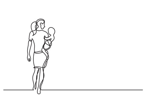 continuous line drawing vector illustration with FULLY EDITABLE STROKE of single line drawing mother carrying her baby