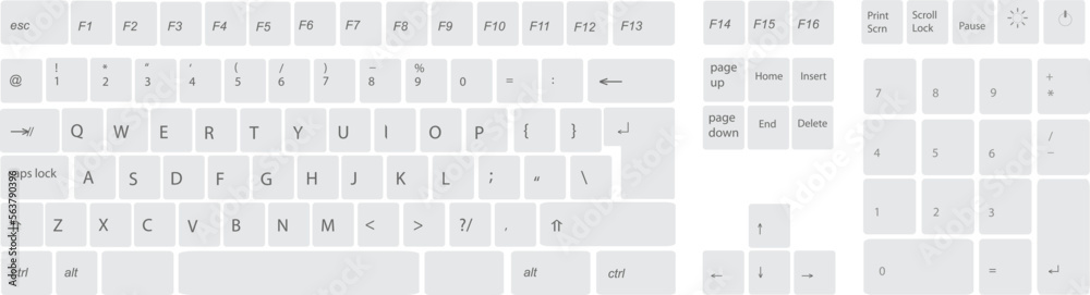 Fototapete white computer keyboard button layout template with letters for graphic use, vector illustration eps