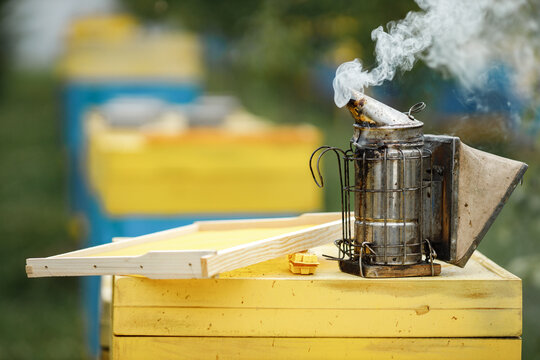 Cropped photo of bee smoker standing on beehouse on the apiary