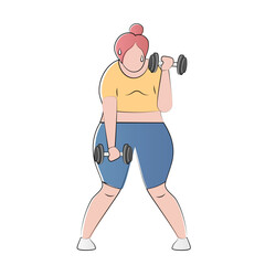 Fat woman lifting dumbbells in fitness clothes, losing weight, burning calories,effort and motivation, obesity and body health care,vector illustration.