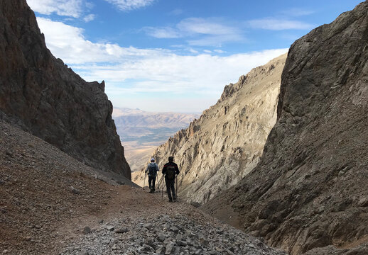 Mountaineers going down at Karayalak Valley on Aladaglar Mountain Park in Nigde, Turkey. Aladaglar is most important mountain range in Turkey.