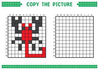 Copy the picture, complete the grid image. Educational worksheets drawing with squares, coloring cell areas. Children's preschool activities. Cartoon vector, pixel art. Scorpion illustration.