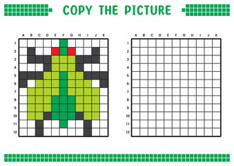 Fototapeta premium Copy the picture, complete the grid image. Educational worksheets drawing with squares, coloring cell areas. Children's preschool activities. Cartoon vector, pixel art. Green fly illustration.