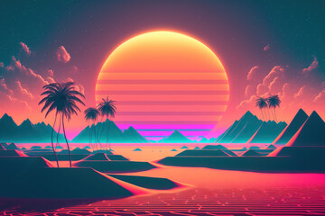 Naklejka premium Silhouette palm tree with sun sand and beach retro tone color background. Summer vacation concept.