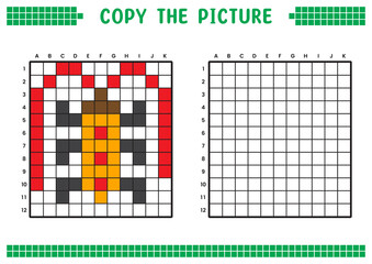 Copy the picture, complete the grid image. Educational worksheets drawing with squares, coloring areas. Children's preschool activities. Cartoon vector, pixel art. Long antenna beetle illustration.