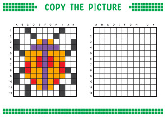Copy the picture, complete the grid image. Educational worksheets drawing with squares, coloring cell areas. Children's preschool activities. Cartoon vector, pixel art. Orange ladybug illustration.