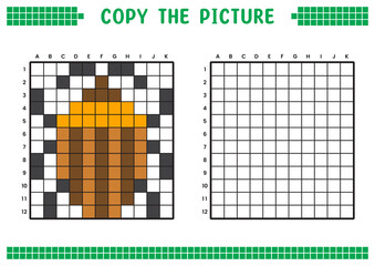 Fototapeta premium Copy the picture, complete the grid image. Educational worksheets drawing with squares, coloring cell areas. Children's preschool activities. Cartoon vector, pixel art. Brown ladybug illustration.