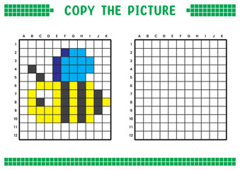 Fototapeta premium Copy the picture, complete the grid image. Educational worksheets drawing with squares, coloring cell areas. Children's preschool activities. Cartoon vector, pixel art. Honey bee illustration.