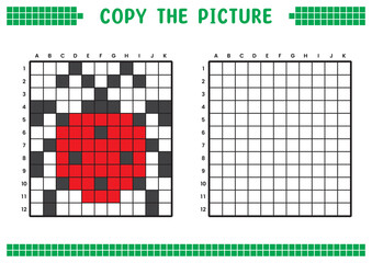 Copy the picture, complete the grid image. Educational worksheets drawing with squares, coloring cell areas. Children's preschool activities. Cartoon vector, pixel art. Red ladybug illustration.