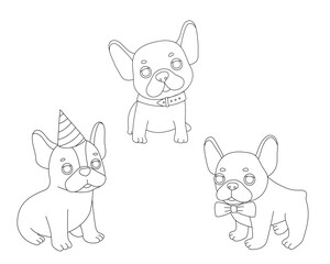 Outline cartoon funny french dog for coloring book. Cute puppy with festive hat, collar and bow
