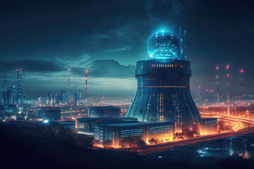 Fototapeta na wymiar Nuclear power plants supplying power to the imaginary super-future city. Generative Ai