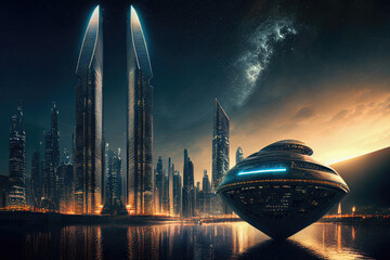 Night View of the Future City of Imagination. Generative Ai - obrazy, fototapety, plakaty
