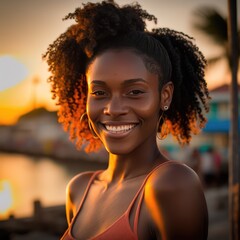 Headshot of a Beautiful smiling young afro Caribbean girl looking at the camera outside at sunset. Generative AI Art - obrazy, fototapety, plakaty