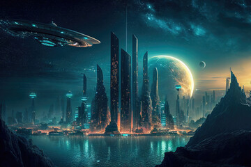 Night View of the Future City of Imagination. Generative Ai - obrazy, fototapety, plakaty