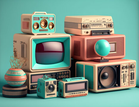 Retro electronics set. Nostalgic collectibles from the past 1980s - 1990s. objects isolated on retro color palette with clipping path , ai generated