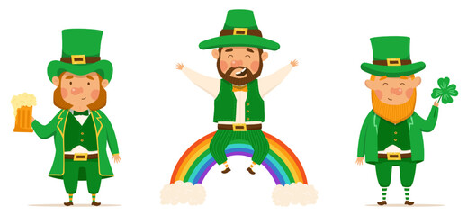 Fototapeta premium St. Patrick's Day set of different characters of leprechauns in different suits. Vector Illustrations. Cheerful men character. Rainbow, pint of beer and clover. For design and stickers