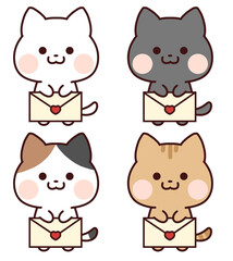 手紙を持つ猫セット/白に赤ハート