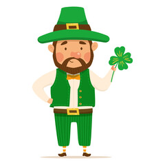 Funny and cute leprechaun with brown beard with four leaf clover. Vector illistration for St. Patrick's day. Happy man in a green suit and hat. Isolated on a white background.