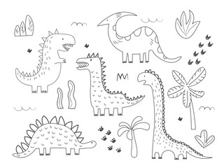 Cute dinosaurs and tropic plants. Funny cartoon dino collection. Hand drawn vector doodle set for kids. Black and white, monochrome EPS