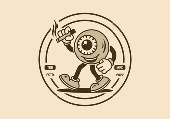 Character mascot illustration badge of eyeball holding a cigarette