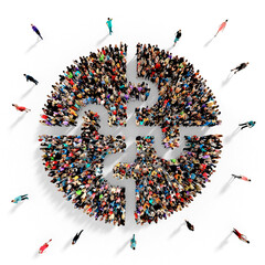 Crowd of diverse people gathered together in the shape of a circle made of puzzles pieces, teamwork concept, top view, on transparent background