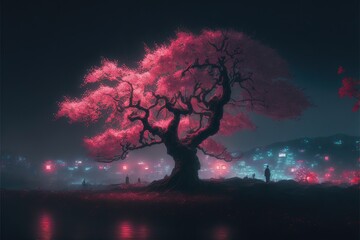 Japanese cherry tree by a cityscape at night