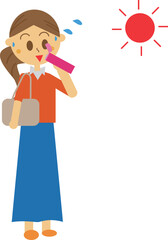 夏の炎天下の中、マイボトルで水分補給している女性のイラスト・猛暑・エコ