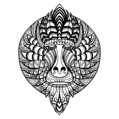 Mandrill head mandala zentangle coloring page illustration