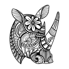 Rhino head side position mandala zentangle coloring page illustration