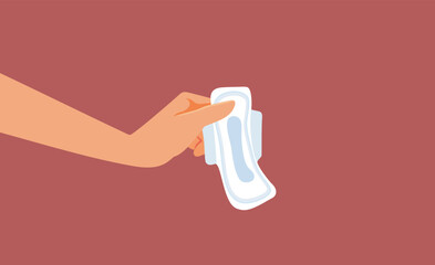 Hand Holding a Sanitary Pad During Menstruation Cycle Vector Illustration. Woman with feminine hygiene product during menstrual cycle 
