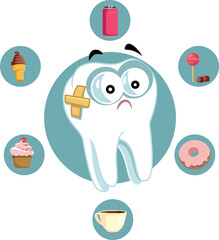 Unhappy Tooth Suffering after Unhealthy Eating Habits Vector Cartoon. Sad molar hurt by bad diet and sugar consumption candy intake 
