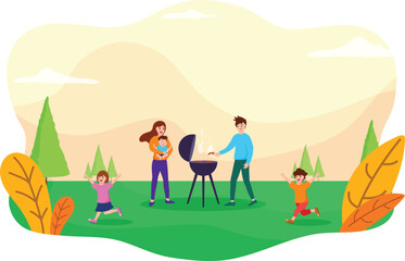 Father,Mother,daughter and son having Barbeque Picnic in a garden,