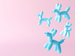 Party dog made from balloons. Abstract dogs floating. Fantasy animal balloon dog. 3d render illustration isolated on pastel pink background, minimal banner for kids center, baby fun. Blue levitate dog © dinastya
