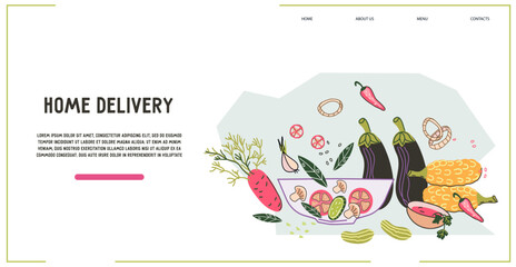 Delivery, takeaway and takeout restaurant, ready meal service website template. Online ready food order and delivery, flat vector illustration for website or app interface.