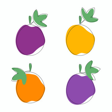 Set different colors passion fruit line art drawing style. Isolated vector illustration.
